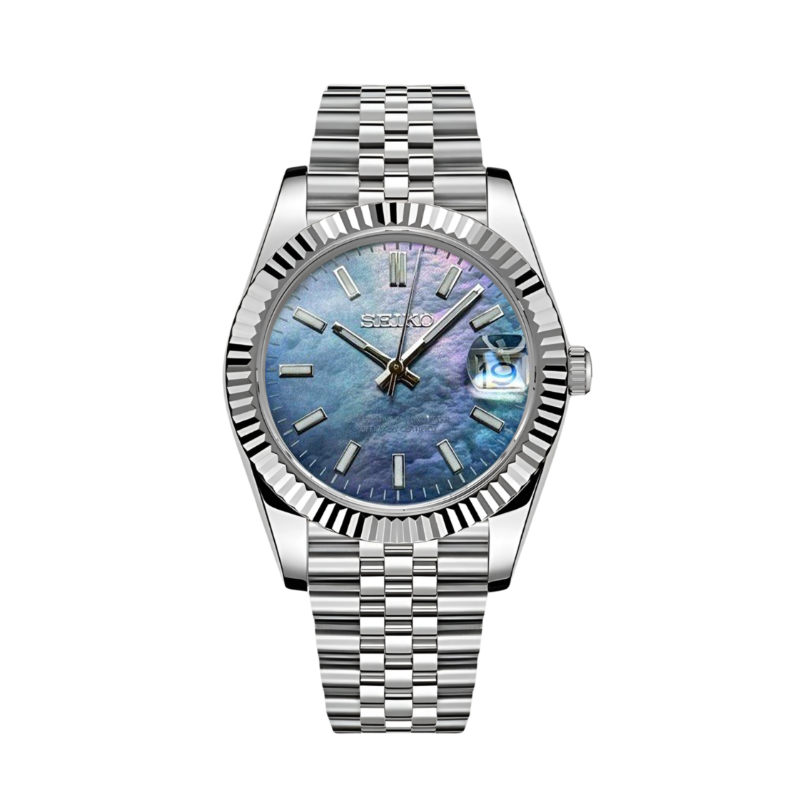 Seiko Mods centered studio shot displaying polished steel case, Jubilee bracelet, and glossy cosmic toned dial
