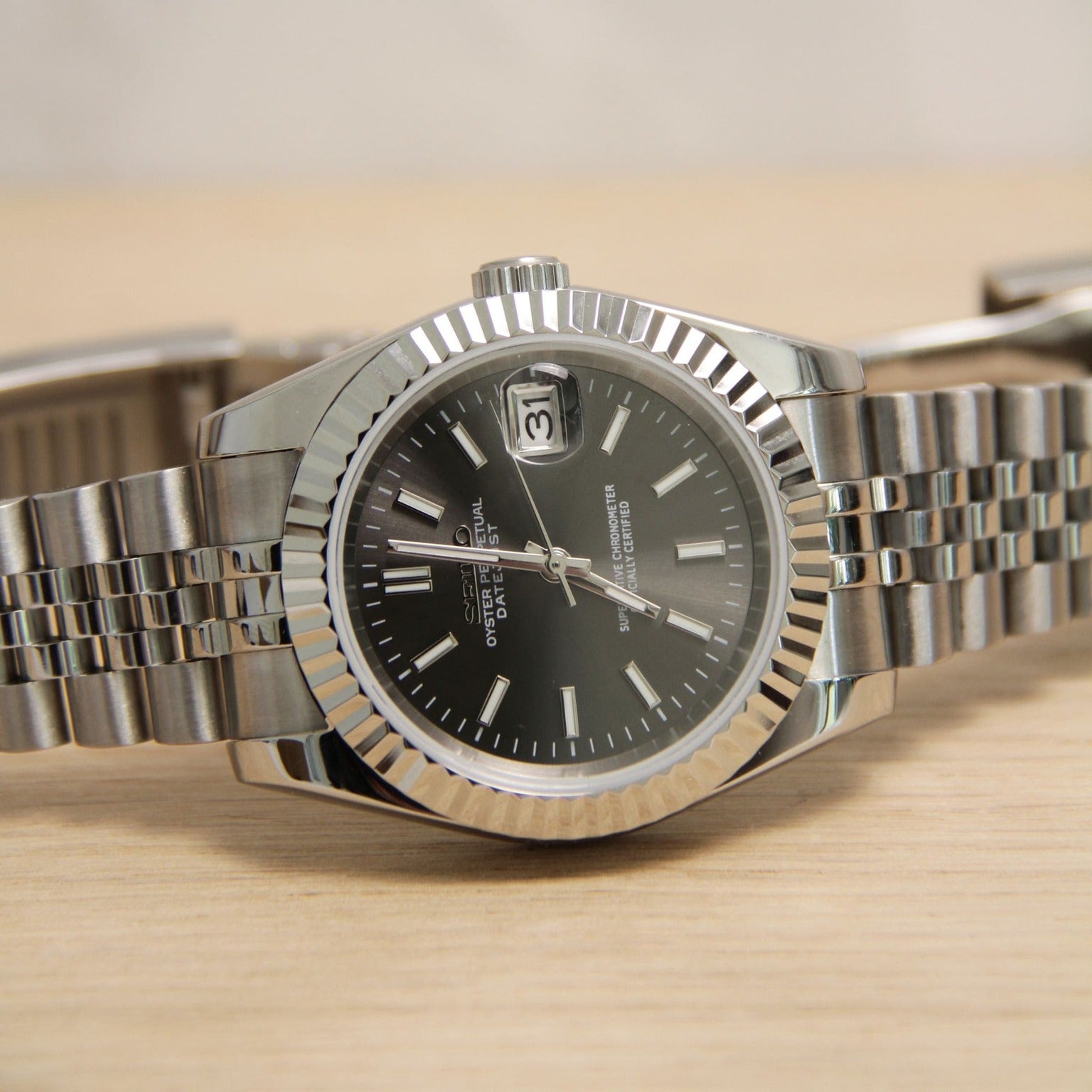 Seiko Mods Datejust Grey Horizontal View right side angle brushed steel case and magnified date window