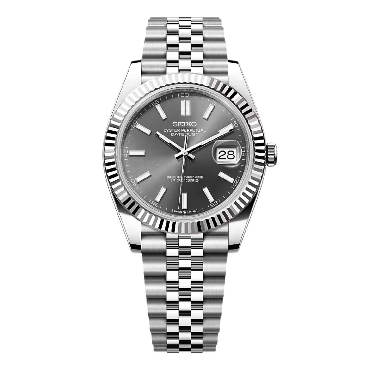 Seiko Mods Datejust Grey Main Image frontal view even lighting on silver tones and polished bracelet links
