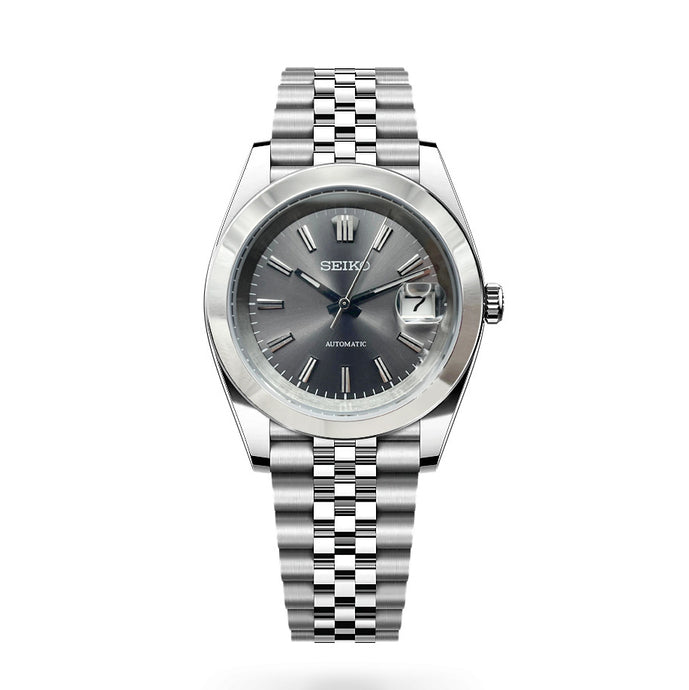 Seiko Mods Datejust Grey Smooth Bezel main image front view on white background, full watch visible