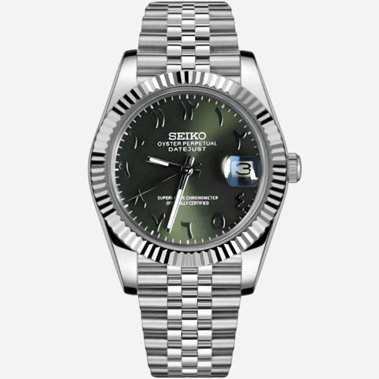 Seiko Mods Datejust Mint Green Arabic Main Image
Front view showing mint green Arabic dial with polished case and jubilee bracelet