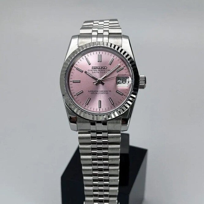 Full front view of Seiko Mod Datejust pink dial watch on Jubilee bracelet with date window