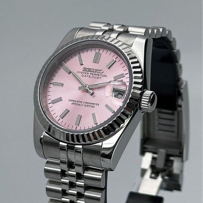 Right angled side view of Seiko Mod Datejust pink dial watch with magnified date display