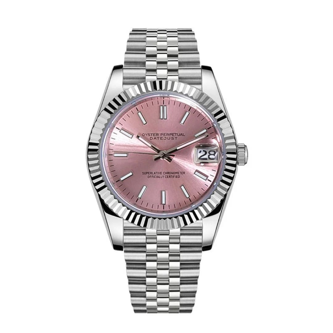 Seiko Mod Datejust Pink – Edelstahl Uhr mit rosafarbenem Zifferblatt und Jubilé- Armband
