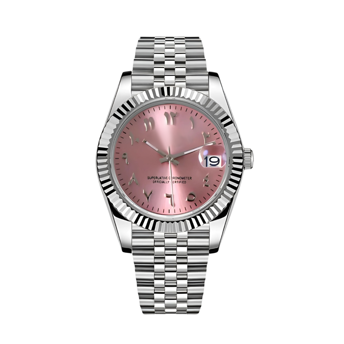 Seiko Mods Datejust Rose Arabic silver bracelet and pink Arabic dial front perspective