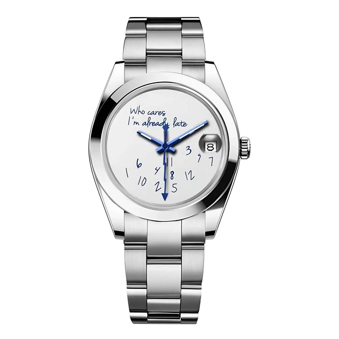 Seiko Mod Datejust Who Cares Smooth Bezel centered product shot with blue hands on white dial