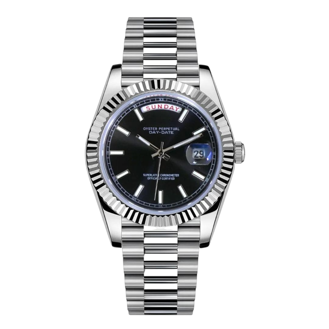 Seiko Mod Day-Date Classic Black – Edelstahl Uhr mit schwarzem Zifferblatt und Wochentagsanzeige