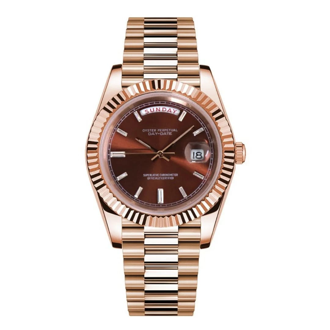 Seiko Mod Day-Date Rose Gold Chocolate Crystals – Luxusuhr mit braunem Zifferblatt und Diamant-Indizes