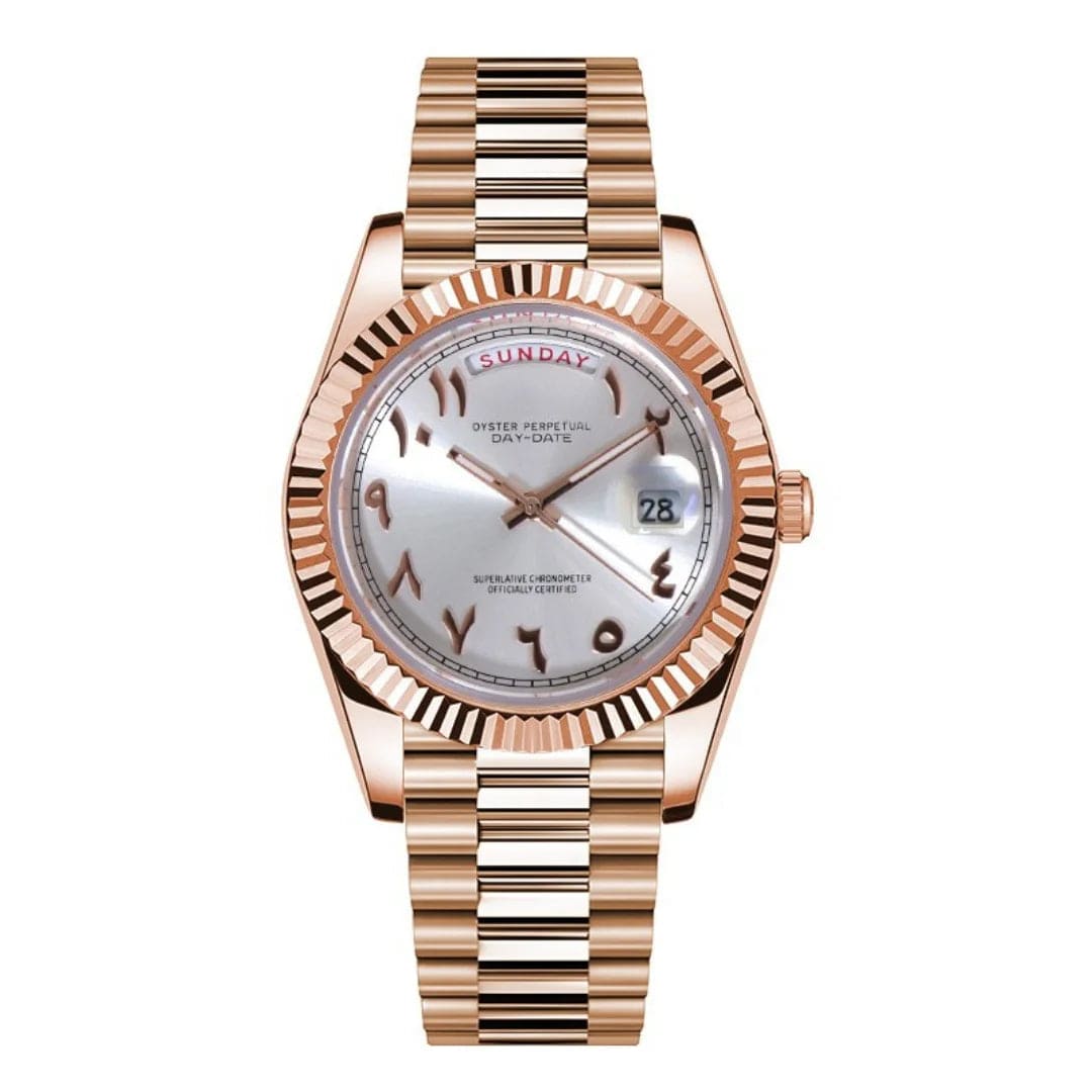 Seiko Mod Day-Date Rose Gold White Arabic – Uhr mit weißem Zifferblatt, arabischen Ziffern und roségoldenem Gehäuse