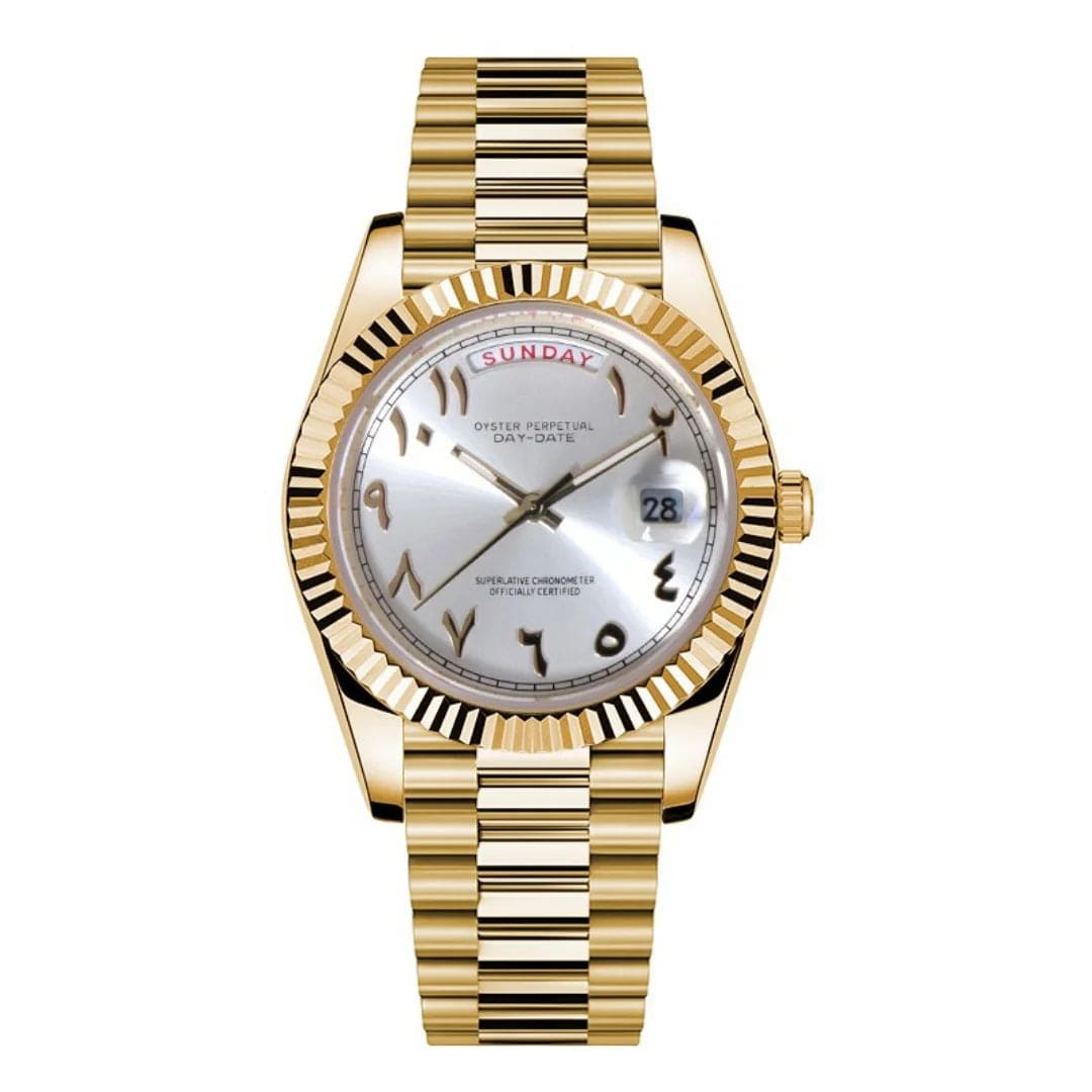 Seiko Mod Day-Date Yellow Gold White Arabic – Luxusuhr mit weißem Zifferblatt und arabischen Ziffern