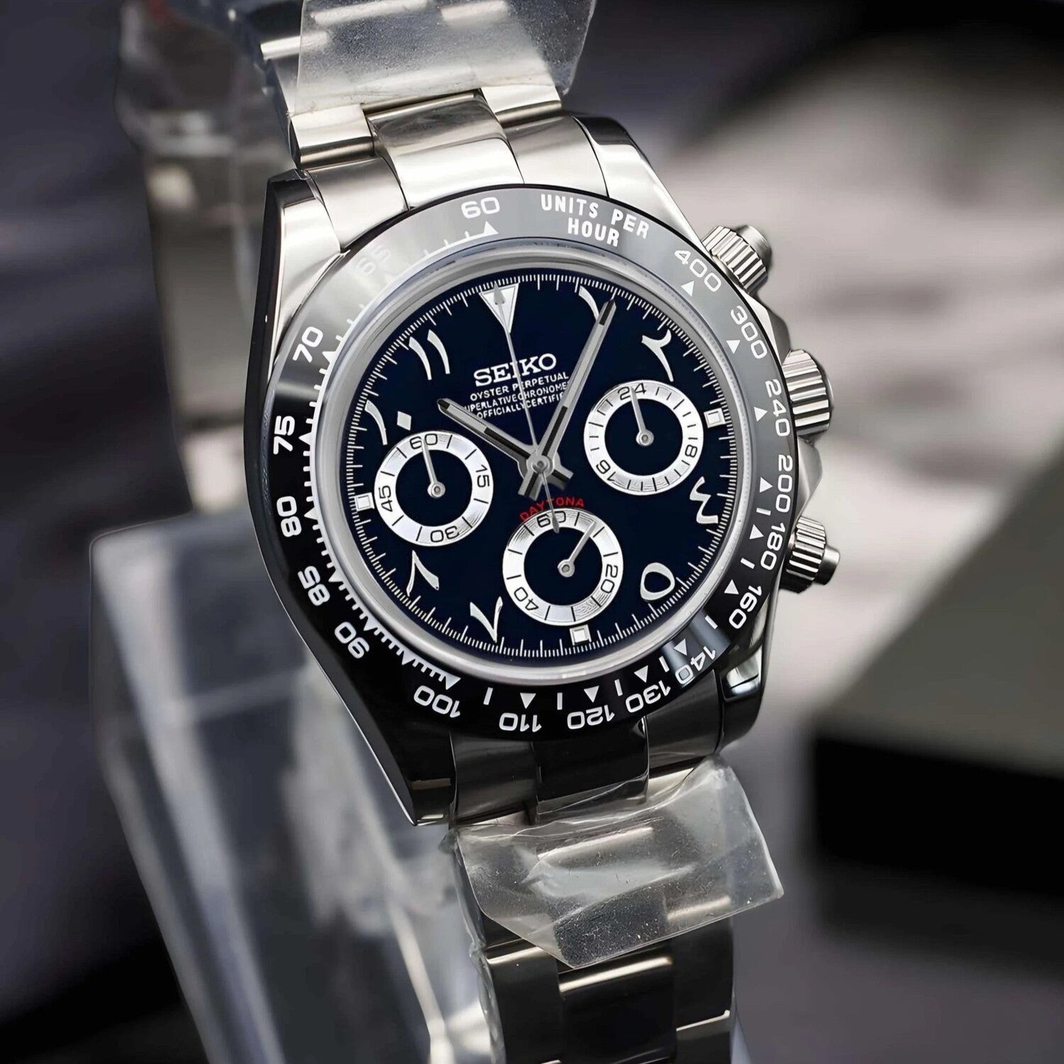 Seiko Mod Daytona Black Arabic left side view stainless steel chronograph with Arabic numerals and black bezel