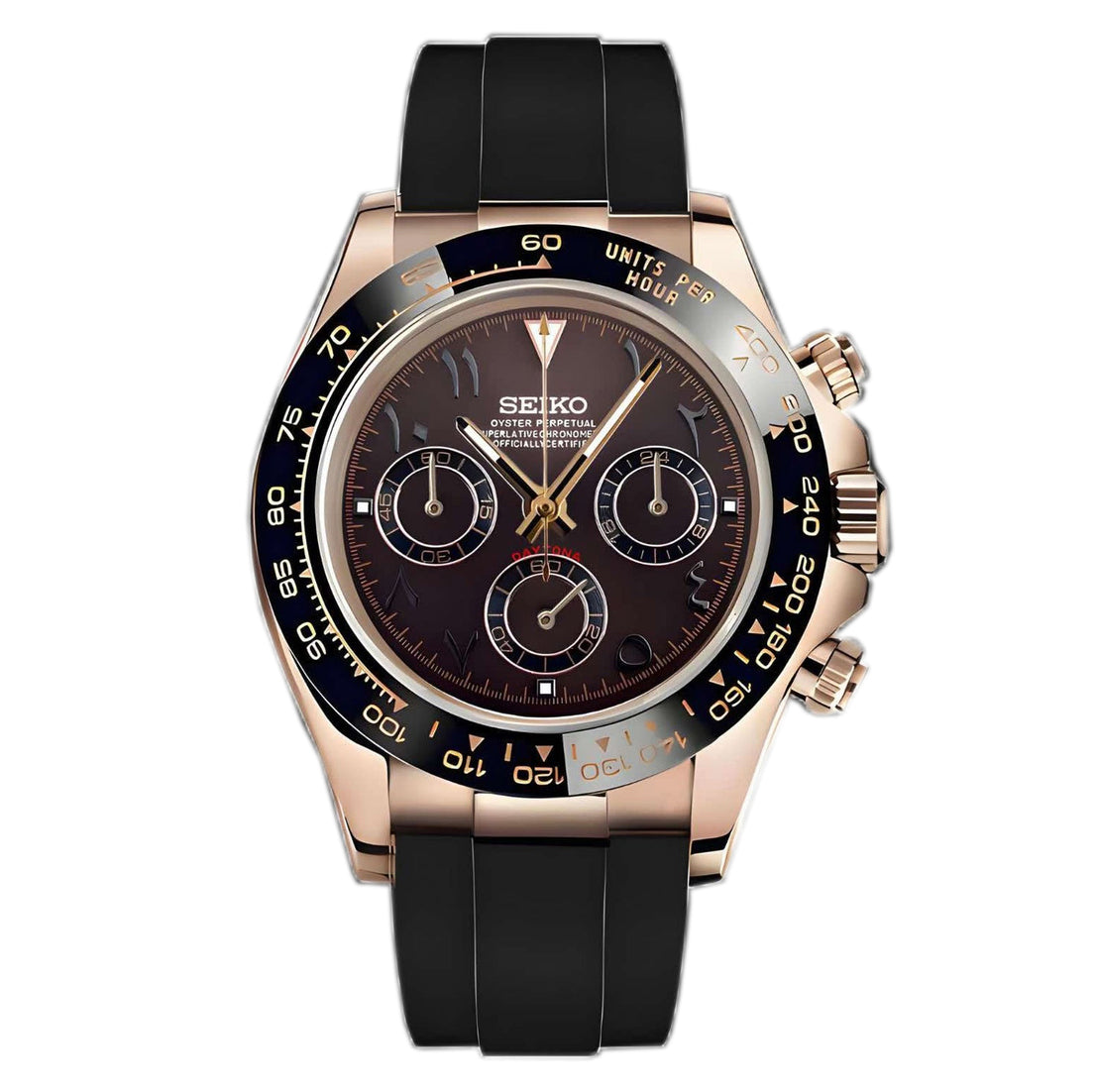 Seiko Mod Daytona in rose gold with brown Arabic dial, photographed frontally on a white background.