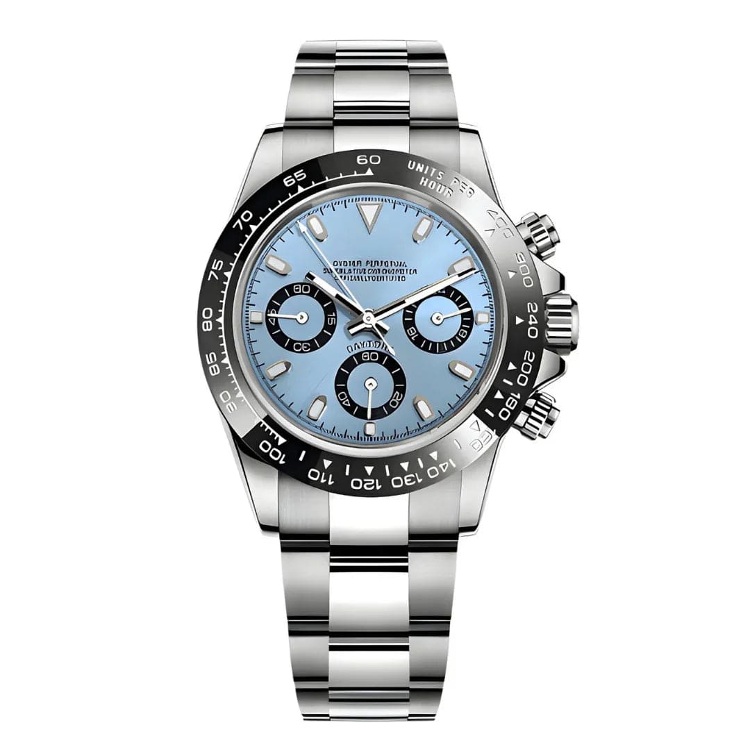 Seiko Mod Daytona Ice Blue – Chronograph mit eisblauem Zifferblatt und schwarzer Keramiklünette