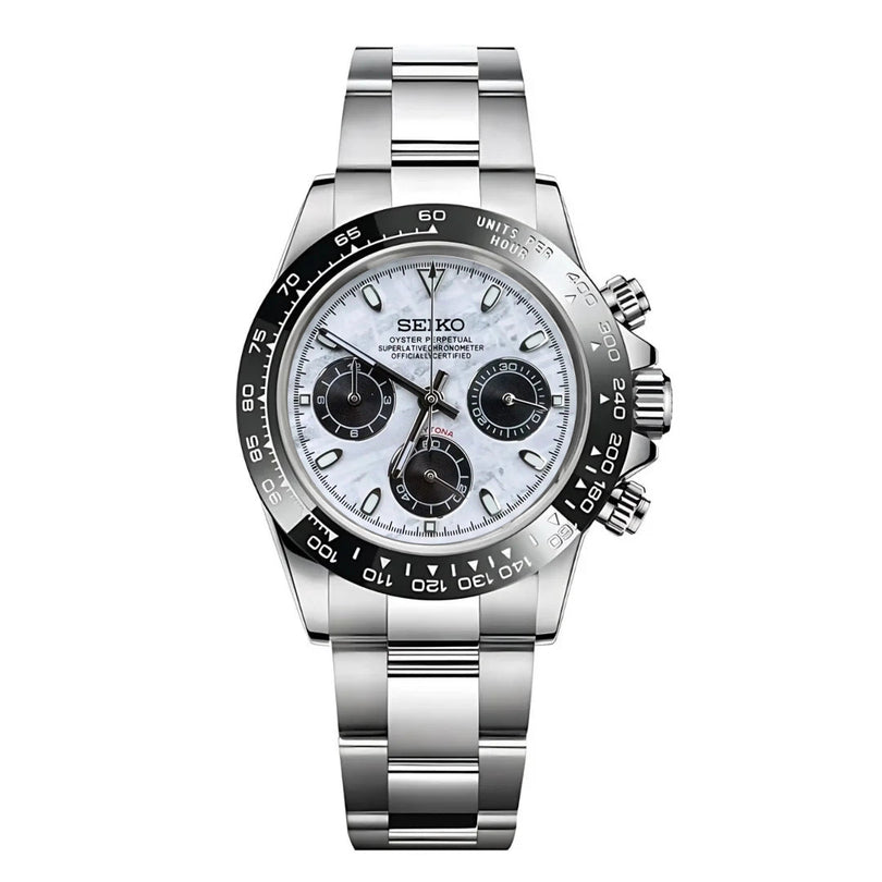 Studio product shot of Seiko Mod Daytona meteorite dial, full stainless steel view with symmetrical focus.