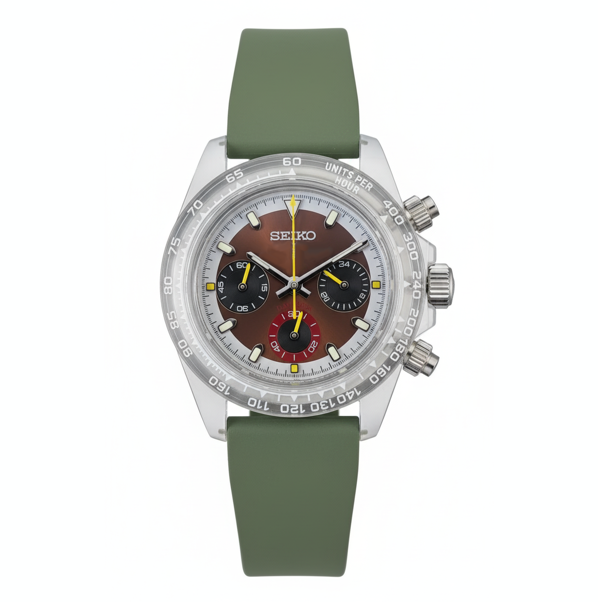 Daytona Plex Chocolate Chronograph mit braunem Zifferblatt, Plexiglas, Edelstahlgehäuse, Tachymeter-Lünette, farbigen Subdials und grünem Kautschukarmband.