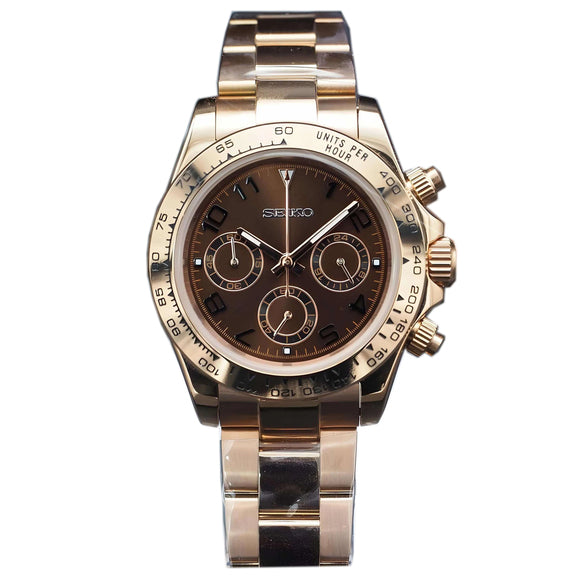 Straight front view of the Seiko Mod Daytona with rose gold case and chocolate dial 