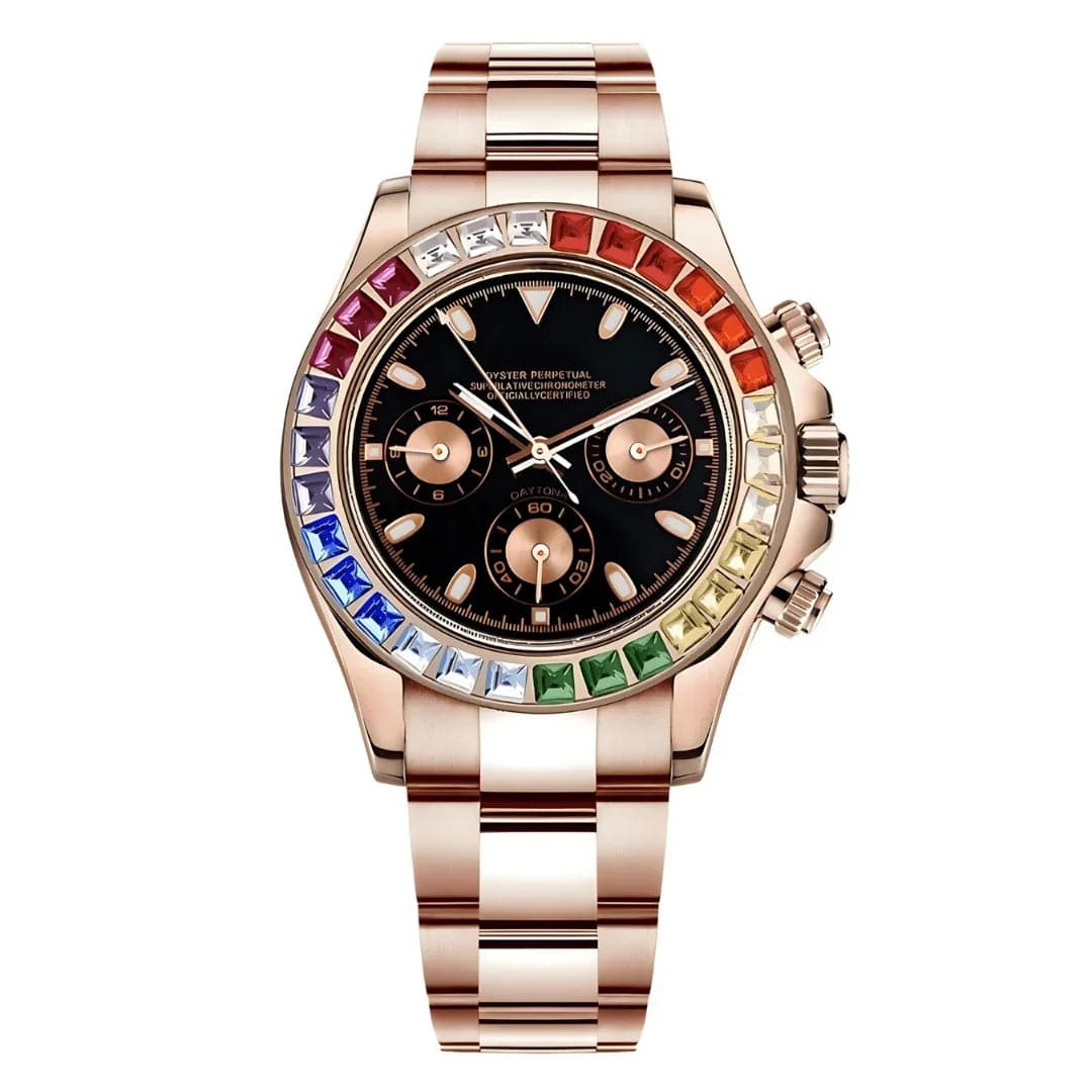 Seiko Mod Daytona Rose Gold Rainbow – Chronograph mit Regenbogen-Lünette und schwarzem Zifferblatt
