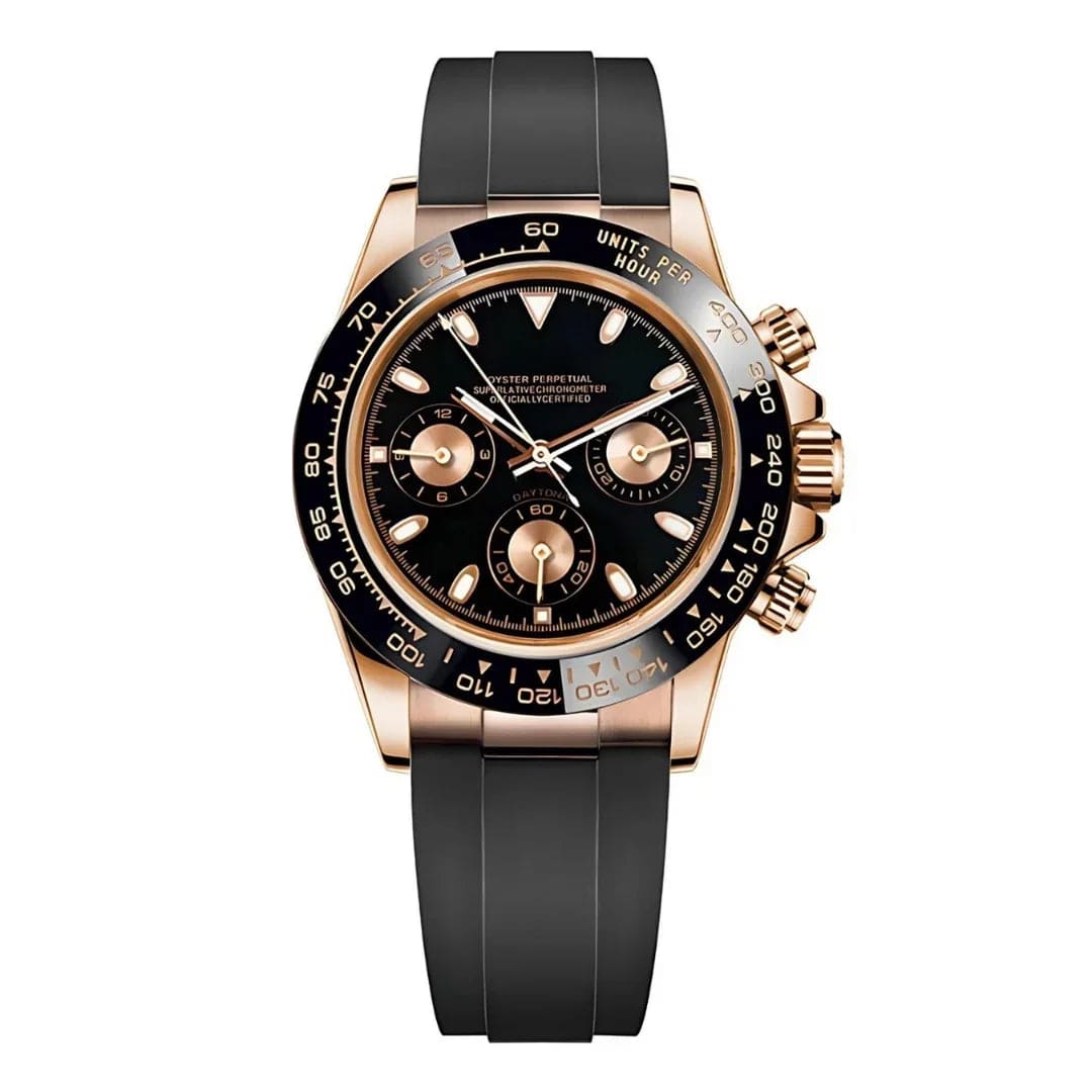 Seiko Mod Daytona Rose Gold – Chronograph in Roségold mit schwarzem Zifferblatt und Kautschukband