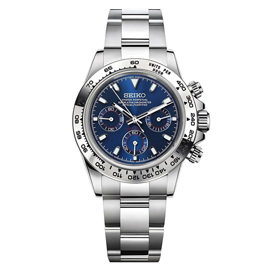 Seiko Mod Daytona Royal Blue in straight on front view, featuring metallic blue dial with three subdials, polished stainless steel case, tachymeter bezel, and matching steel bracelet.