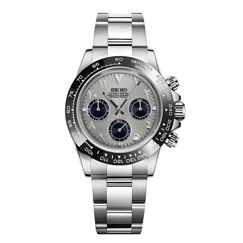 Seiko Mods Daytona Product shot highlighting the stainless steel bracelet, black tachymeter bezel, and silver Arabic dial in a clean upright perspective.
