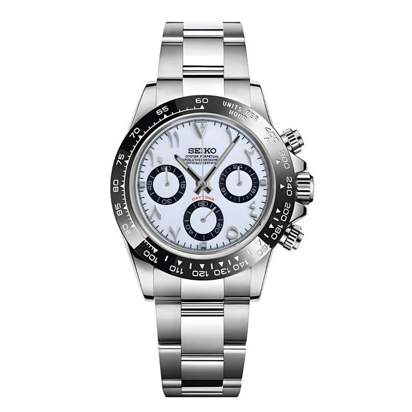 Seiko Mod Daytona white Arabic dial on stainless steel bracelet with ceramic bezel