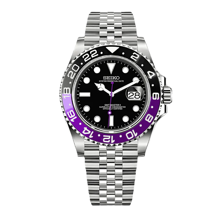 Front view Seiko Mod GMT Joker with black dial purple and black ceramic bezel and jubilee bracelet