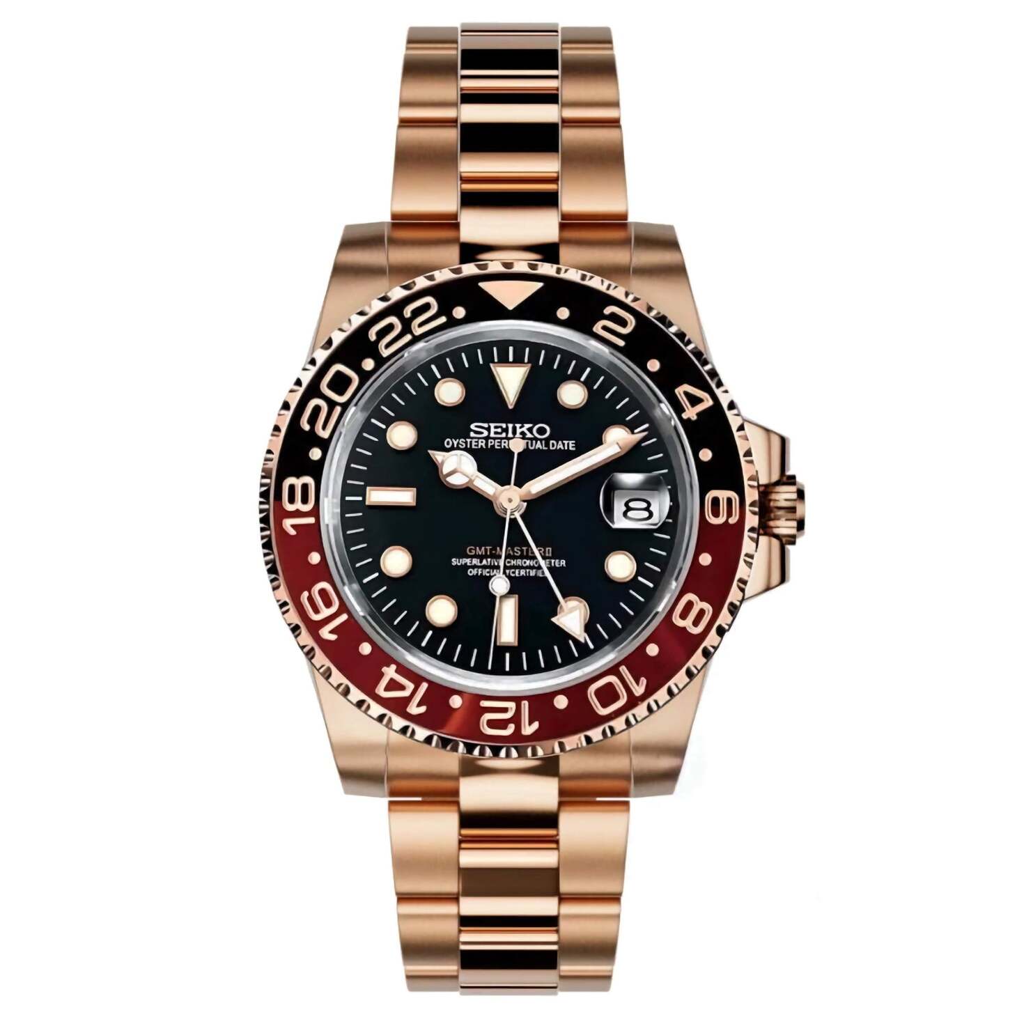 Front view Seiko Mod GMT Rootbeer Rose Gold Oyster showing black dial with brown black bezel and full rose gold bracelet