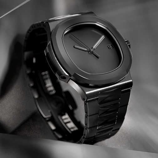 Left angle Seiko Mod Nautilus All Black Minimalist focusing on geometric case and sleek profile