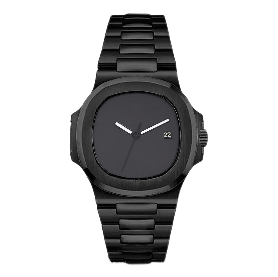Front view Seiko Mod Nautilus All Black Minimalist showing clean dial and subtle date window