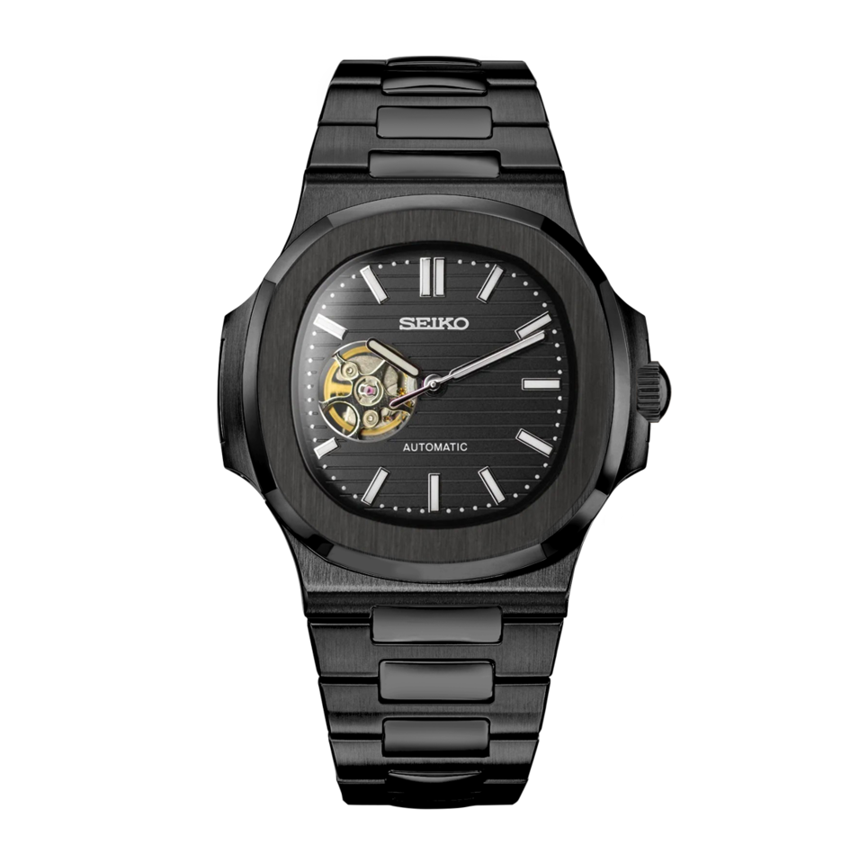 Full view Seiko Mod Nautilus All Black Open Heart highlighting symmetrical design and dark finish