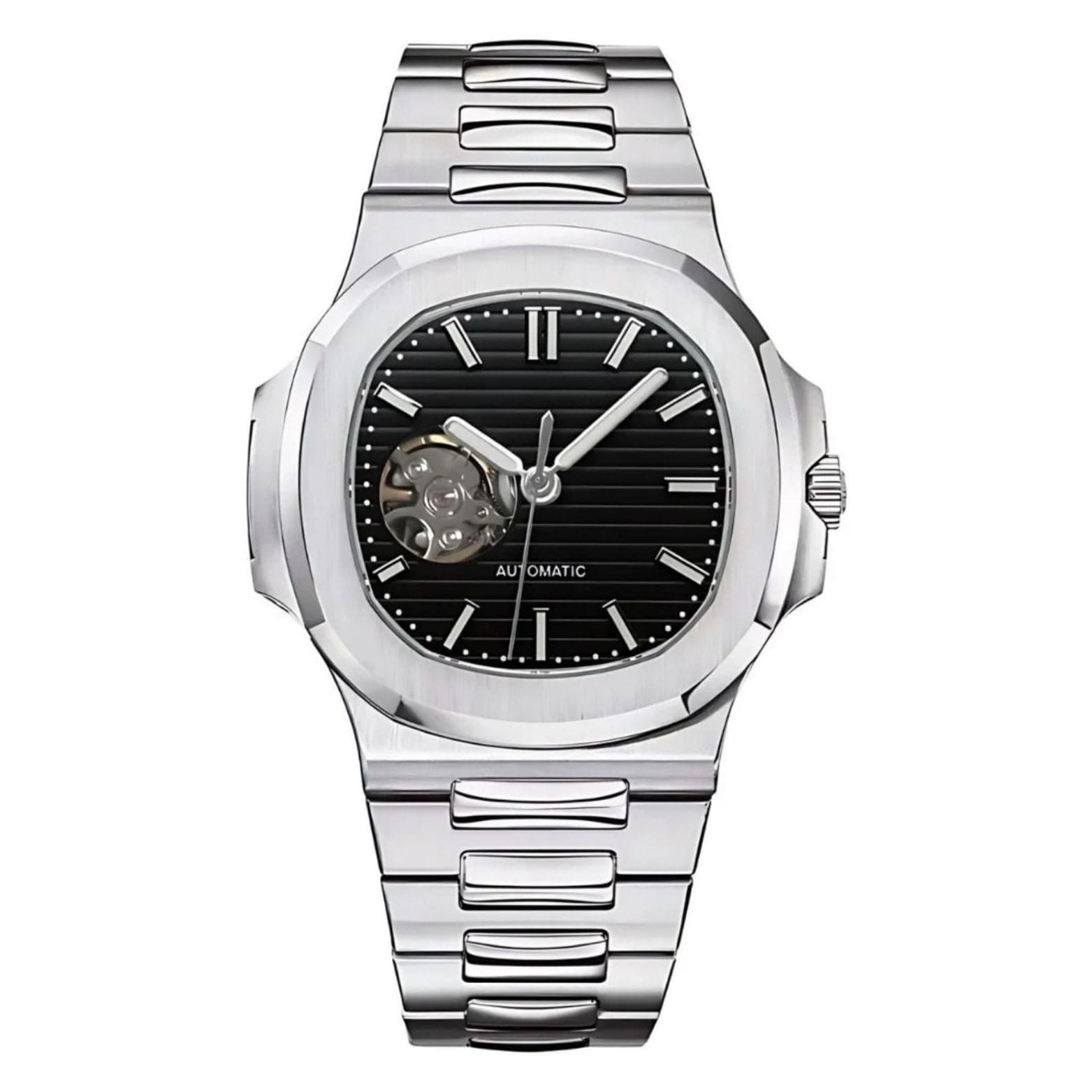 Seiko Moddys Nautilus mit schwarzem Open-Heart-Zifferblatt und Edelstahlarmband