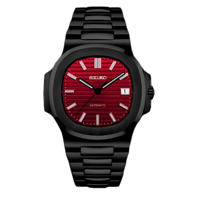 Front view Seiko Mod Nautilus Black Red featuring deep red dial with horizontal texture and black brushed case