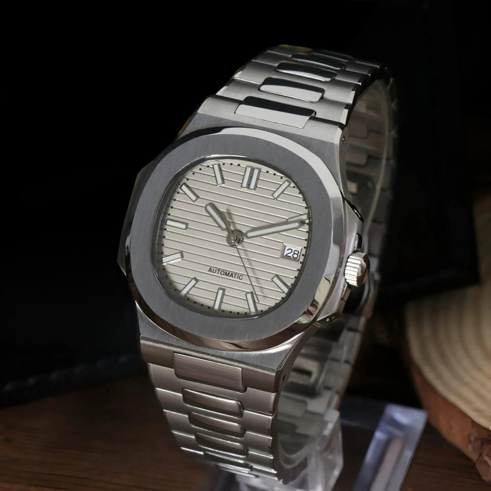 Slightly right angled view of Seiko mod Nautilus cream highlighting reflective surfaces and integrated bracelet