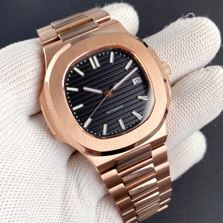 Left angled view of Seiko mod Nautilus rose gold black edition highlighting contrast between black dial and rose gold case