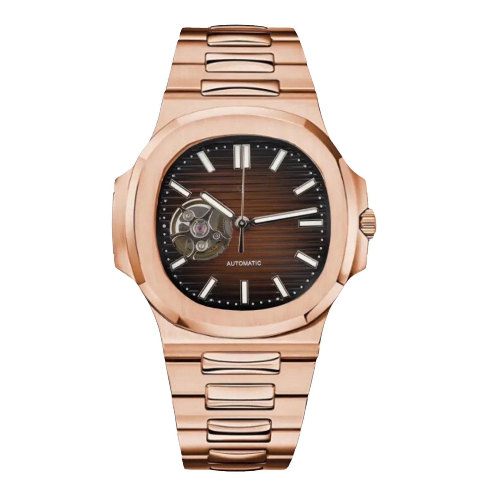 Seiko Moddys Nautilus in Roségold mit braunem Zifferblatt und Open-Heart-Design