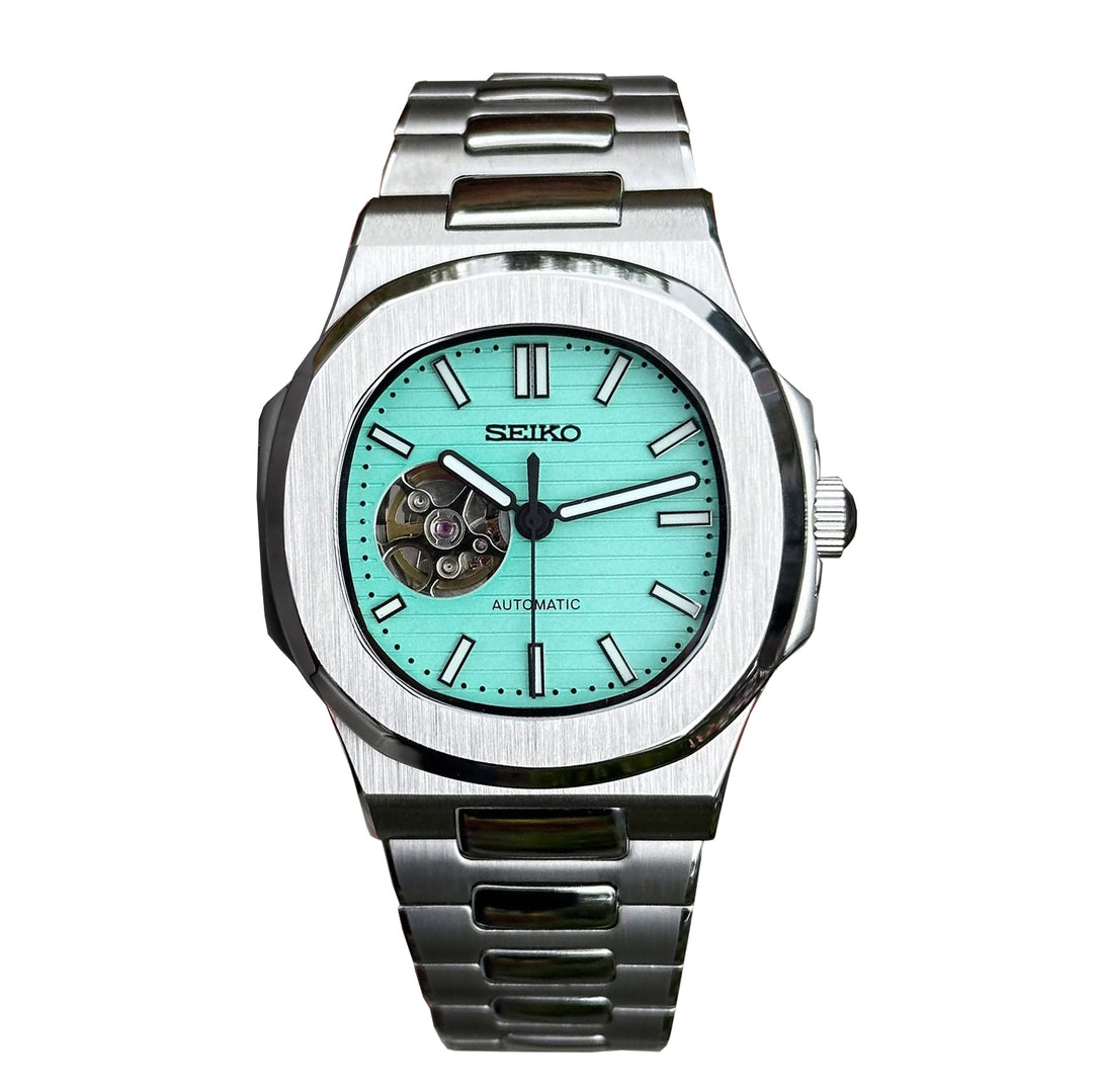 Front view Seiko Mod Nautilus Tiffany Open Heart featuring turquoise dial and brushed steel bracelet
