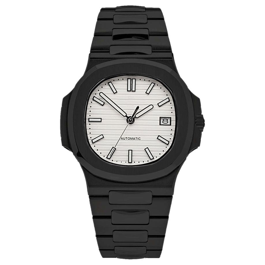 Front view Seiko Mod Nautilus Venom showcasing black case with silver horizontal dial and integrated bracelet