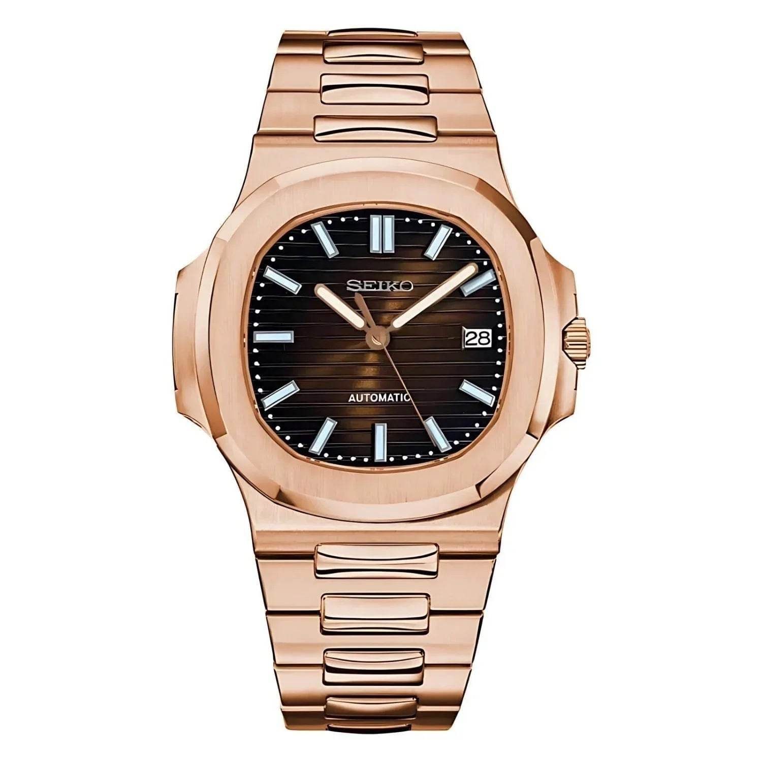Studio front view Seiko Mod Nautilus Chocolate emphasizing brushed case and horizontal brown dial