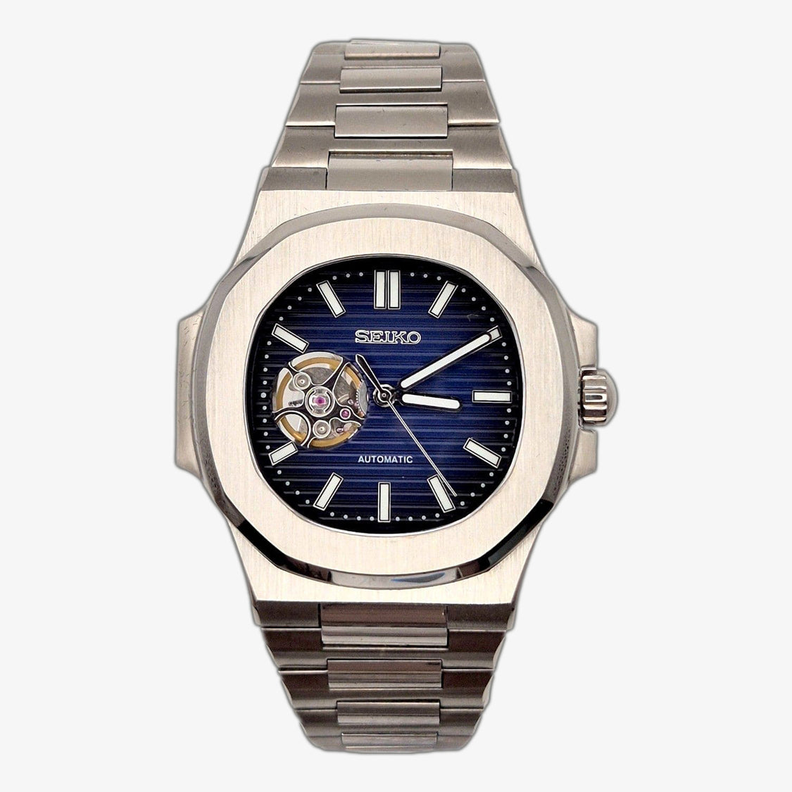 Front view Seiko Mod Nautilus Royal Blue Open Heart featuring brushed steel case and blue striped dial