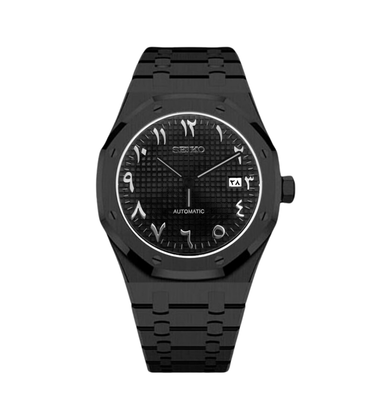Front view of the Seiko Mod Royal Oak automatic watch with black Arabic numeral dial, waffle pattern texture