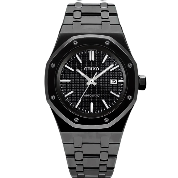 Front view of the Seiko Mod Royal Oak automatic watch in all black with a waffle pattern dial, luminous hour markers, brushed stainless steel bracelet, and sapphire crystal