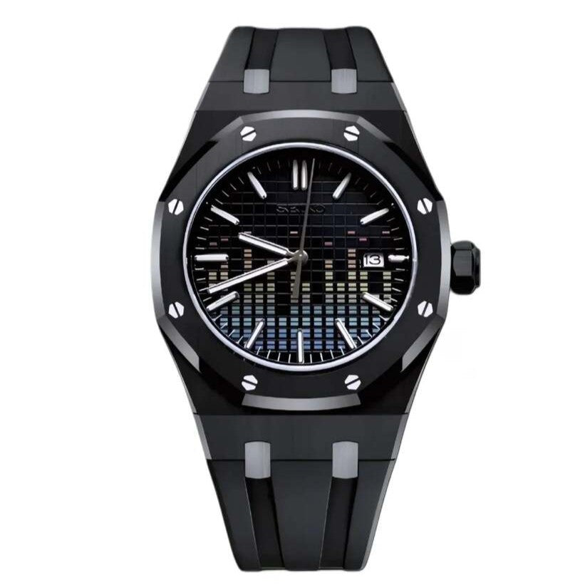 Front view of Seiko Mod Royal Oak Music Dial Black, featuring a 41mm brushed stainless-steel case, sapphire glass, and a unique dial with soundwave-inspired grid pattern.