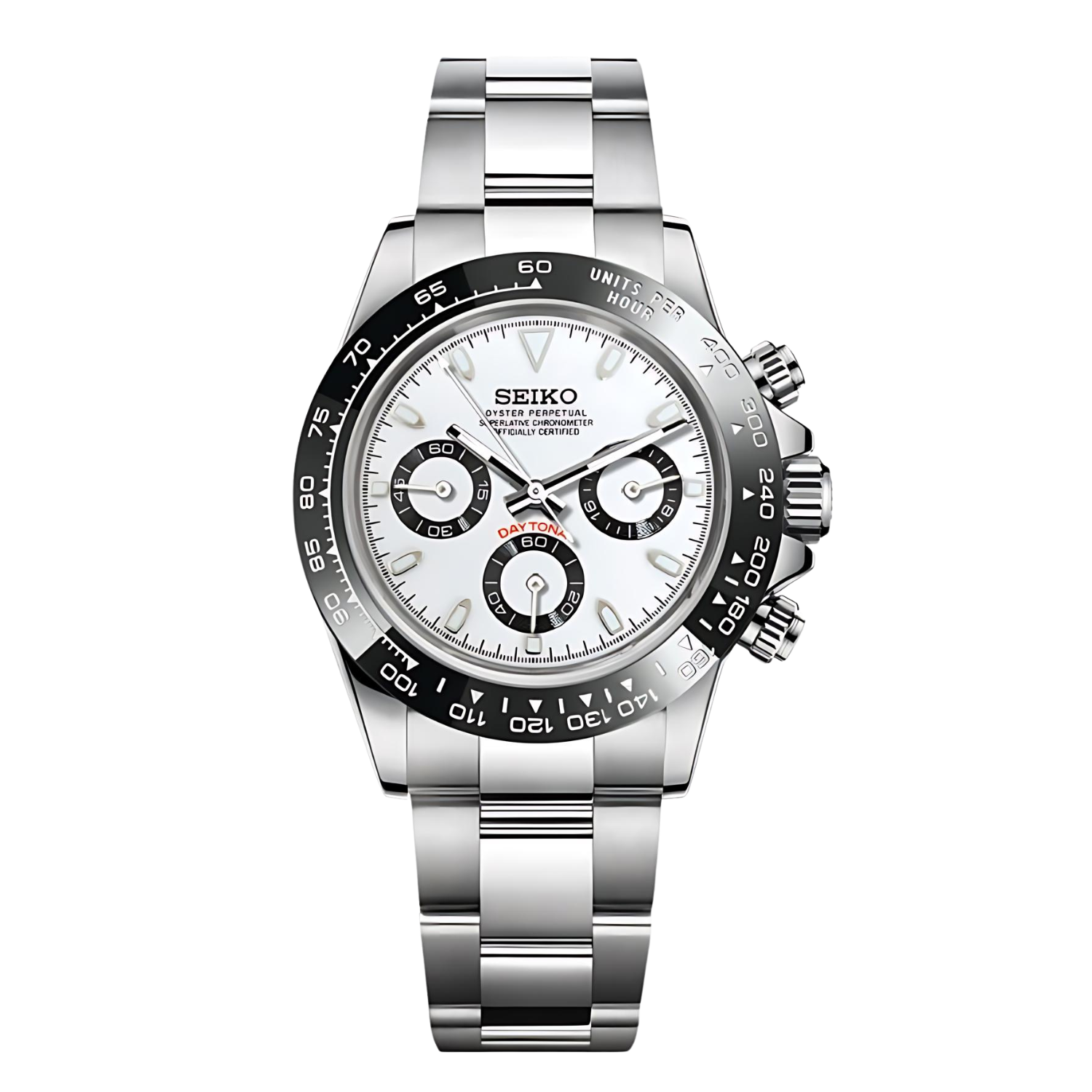 Seiko Mod Daytona Panda – Chronograph mit weißem Zifferblatt und schwarzen Totalisatoren