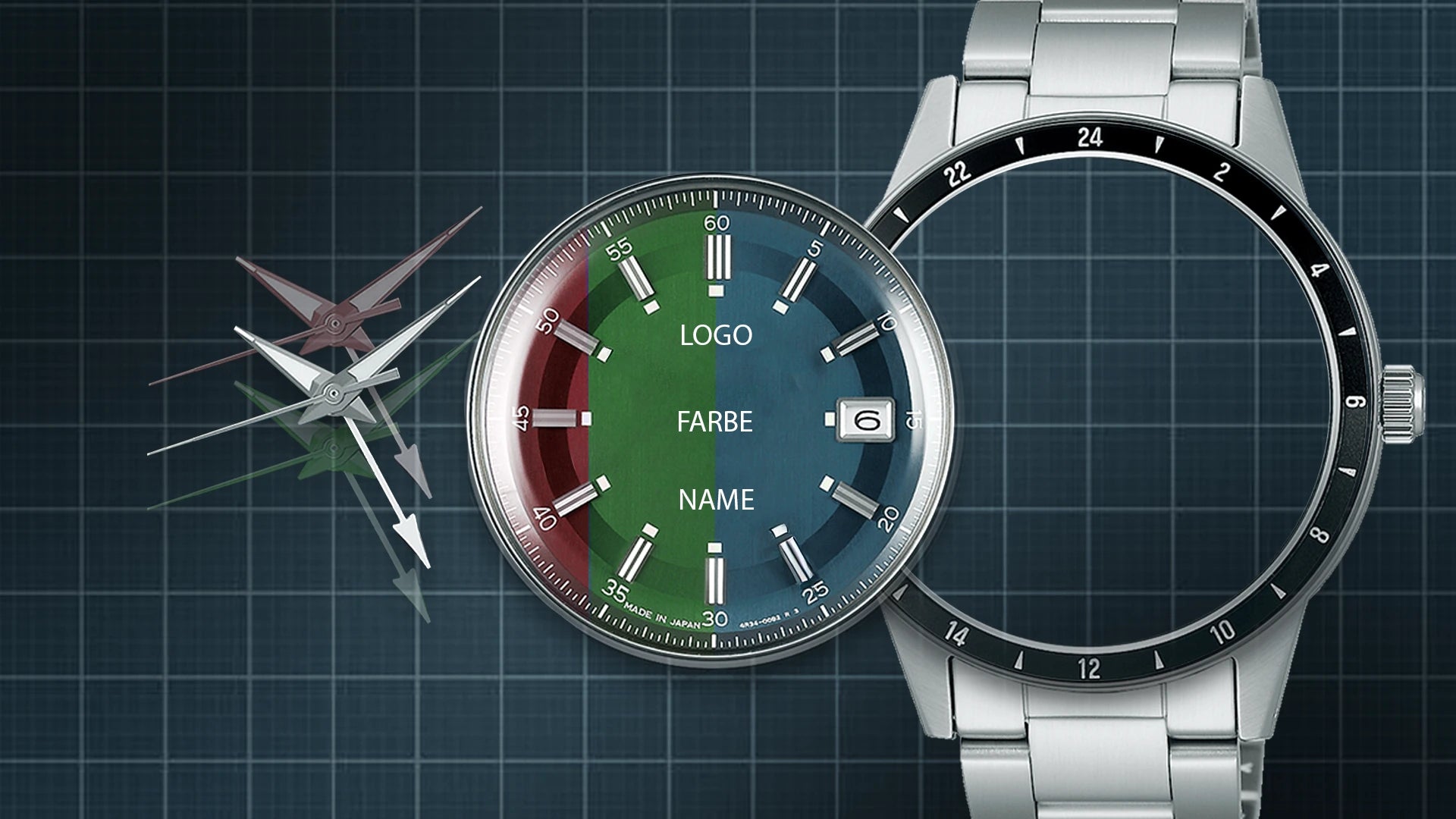 Individuelle Seiko Mod Uhr im Konfigurator mit Auswahl von Farbe, Logo und Namen auf dem Zifferblatt.